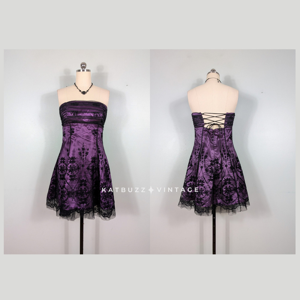 Vintage Nites Prom Dress Mini Gown 10 Purple Black Fairy Goth Corset Hoco Y2K